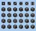 Set 24 authentic icons of dice in all possible turns. Twenty four variants loss dice. Black game cubes isolated on blue