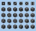 Set 24 authentic icons of dice in all possible turns. Twenty four variants loss dice. Black game cubes isolated on blue