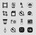 Set Auto flash, Photo camera, Softbox light, SD card, Picture crop photo, Camera roll cartridge and timer icon. Vector Royalty Free Stock Photo