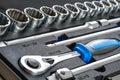 A set of auto mechanic tools. Tools: head crank, ratchet, imbus keys Royalty Free Stock Photo