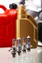 Set of auto parts, car battery on vivid moto concept Royalty Free Stock Photo