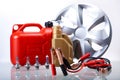 Set of auto parts, car battery on vivid moto concept Royalty Free Stock Photo