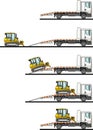 Set of auto transporter and dozer isolated on white background in flat style in different positions. Vector illustration