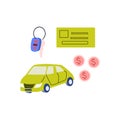 set of automobile vehicle and keys, money and card for rent transport Royalty Free Stock Photo