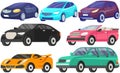 Set of automobiles of different shapes and colors. Sports car, convertible, suv, hatchback icons Royalty Free Stock Photo