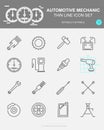 Set of AUTOMOTIVE MECHANIC Vector Line Icons. Includes wheel, oil, gear, battery and more