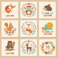 Set of autumn cards with cute animals bear, fox, squirrel, owl,