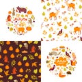 Set of Autumn cartoon characters, plants,leaves and seamless patterns