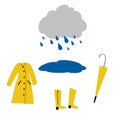 A set of autumn clothes for hiking in the rain. Yellow raincoat, rubber boots and umbrella. Cloud with drops and a