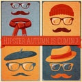 Set of autumn dressed hipster faces on the grunge