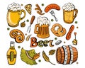 Set for the autumn festival Oktoberfest.Colorful vector hand drawn Doodle cartoon set beer fest themed elements, objects and Royalty Free Stock Photo