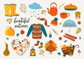 Set of autumn icons - maple leaves, mushrooms, a cup of coffee, pie, candles, a cloud, pumpkin, socks, rubber boots, hat, scarf,