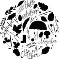 Set of autumn items. black and white silhouettes. illustration leaves, branches, rain, characters. inscriptions Royalty Free Stock Photo