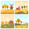 Set of autumn landscapes. Village scenery with field and mill, farm and barn. Rural countryside. Fall concept. Stack of