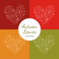 Set Of Autumn Leaves Heart Designs White Outline On Red, Yellow And Green.