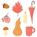 Set autumn mood isolated on white background. Cartoon rowan, umbrella, leaf, acorn, candle, hot chocolate, marshmallows, mushroom