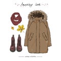 A set of autumn outfit with accessories: brown parka jacket, claret boots on laces, a warm scarf and autumn leaves. Hand drawn