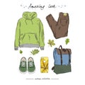 A set of autumn outfit with accessories:hoodies, stylish jeans,