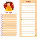 set - Autumn planner with Cute Girl with autumn leaves. Set of vertical templates - My plan and notes. Vector