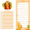 set - Autumn planner with Cute Girl with In a scarf and a hat with autumn leaves. Set of vertical templates - My plan