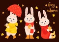 Set autumn rabbits. Cute bunny in raincoat and rubber boots under an umbrella, hare in knitted clothes with cup of hot