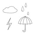 A set of autumn and rainy weather - umbrella, cloud, lightning and raindrops. Vector illustration of rain icons isolated