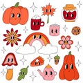 Set autumn retro groovy elements 70s-80s style. Pumpkins, flowers, mushroom, rainbow, pumpkin pie, cocoa mug, cookies