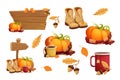 Set autumn stickers with pumpkin warm scarf, cup with hot beverage decorated with acorn and leaves, boots, wooden Royalty Free Stock Photo