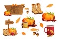 Set autumn stickers with pumpkin warm scarf, cup with hot beverage decorated with acorn and leaves, boots, wooden Royalty Free Stock Photo