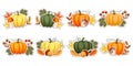 Set of autumn stickers, pumpkins with acorns, mushrooms, autumn leaves and rowan. Illustration, icons Royalty Free Stock Photo