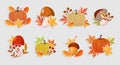 Set of autumn stickers, pumpkins, acorns, mushrooms with autumn leaves and rowan. Illustration, icons, template vector Royalty Free Stock Photo