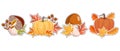 Set of autumn stickers, pumpkins, mushrooms with autumn leaves and rowan. Illustration, icons, template vector Royalty Free Stock Photo