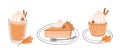 Set of autumn sweets - pumpkin spice latte, piece of pumpkin pie and cupcake Royalty Free Stock Photo