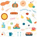 Set of autumn symbols. Vector elements of thanksgiving day, hello autumn, happy fall season on white background.