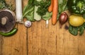 Set of autumn vegetables, fruits, lemon, mushroom ,onion ,pepper ,potato ,garlic and herbs on wooden rustic background top view cl