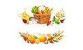 Set of autumn wreath with colorful leaves, basket of vegetables and jar of honey set. Thanksgiving Day decor elements Royalty Free Stock Photo