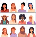 Set of avatars in flat design style. Positive young girl different nationalities. Female faces Royalty Free Stock Photo