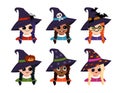 Set of avatars girl of different nationalities with big eyes and wide happy smile in pointed witch hat