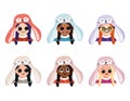 Set avatars girl of different nationalities with big eyes and wide happy smile in rabbit hat