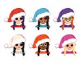 Set of avatars girl of different nationalities with big eyes and wide happy smile in Santa hat