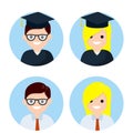 Set of avatars of man and woman in blue circle. Cap of graduate school and College. Office worker