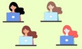 Online work, online learning. Woman, brunette, brown-haired, redhead girl sitting at her laptop. Set of avatars