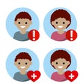 Set of avatars people for social network. Medical health element and alarm. young nerd man and woman Royalty Free Stock Photo