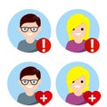 Set of avatars people for social network. Medical health element and alarm. young nerd man and woman Royalty Free Stock Photo