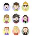 Set avatars profile flat icons, different characters. Trendy beards, glasses.