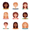 Set of avatars of women with different hairstyles and color. Diversity group of young women, vector illustration Royalty Free Stock Photo
