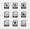 Set AVI file document, MAX, MP3, CSS, MSG and HTML icon. Vector Royalty Free Stock Photo