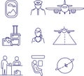 Set of aviation icons. Outline illustration. Vector icons of airplane, pilot, cabin crew. Web icons.