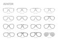 Set of Aviator frame glasses fashion accessory illustration. Sunglass front view for Men, women, unisex silhouette