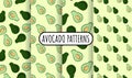 Set of avocado doodles vector seamless patterns. Whole avocado and cut half vegetable on green background. Collection of stock Royalty Free Stock Photo